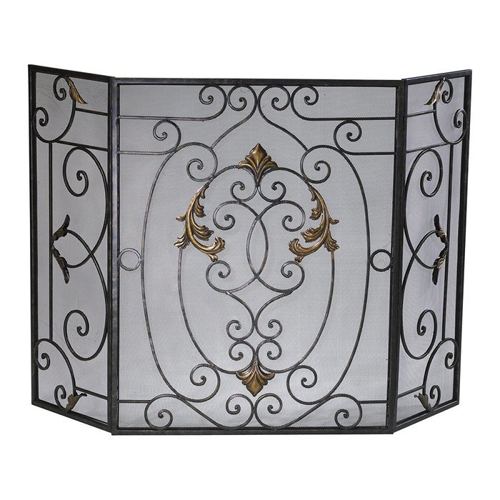 French Scrolled Iron Fireplace Screen Tuscan Gold Accents