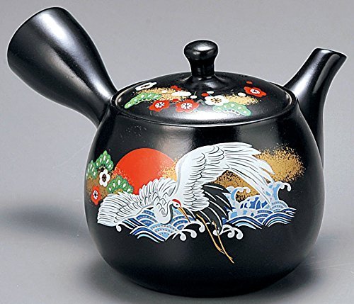 Yamakiikai Black Kyusu(Japanese teapot) White Big Crane pattern with a strainer 310cc GM932