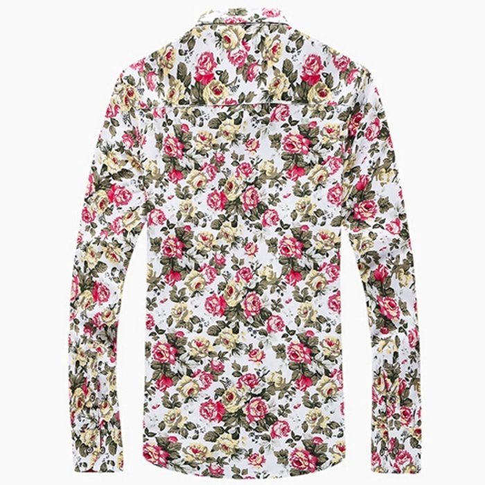 KAKA(TM) Men Spring Autumn Long Sleeve Print Flower Slim Casual Shirt L N6