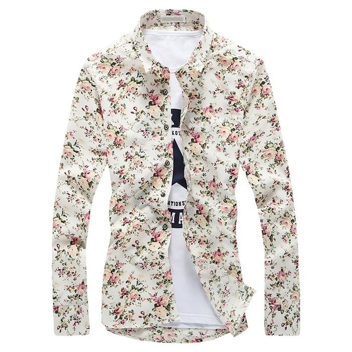 KAKA(TM) Men Spring Autumn Long Sleeve Print Flower Slim Casual Shirt L N7