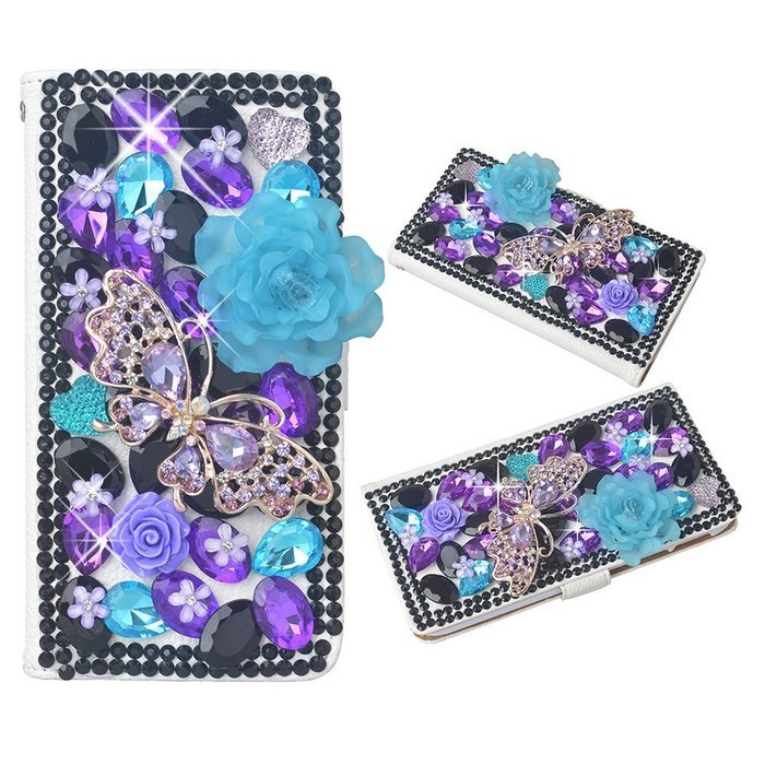 KAKA(TM) 3D Handmade Colorful Black Pulple Blue Rhinestone Crystal PU Leather Stand Folding Protective Case Big... N16
