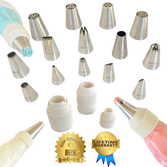 Premium Cake Decorating Tips Kit | Frosting Bags and Tips, 14 Seamless Stainless Steel Piping Tips, Small, Large...