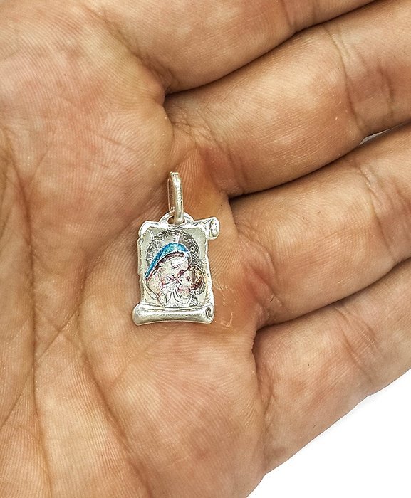 VIRGIN MARY WITH INFANT JESUS SCROLL PENDANT SILVER 925 RUSSIAN BLESS & PROTECT N3