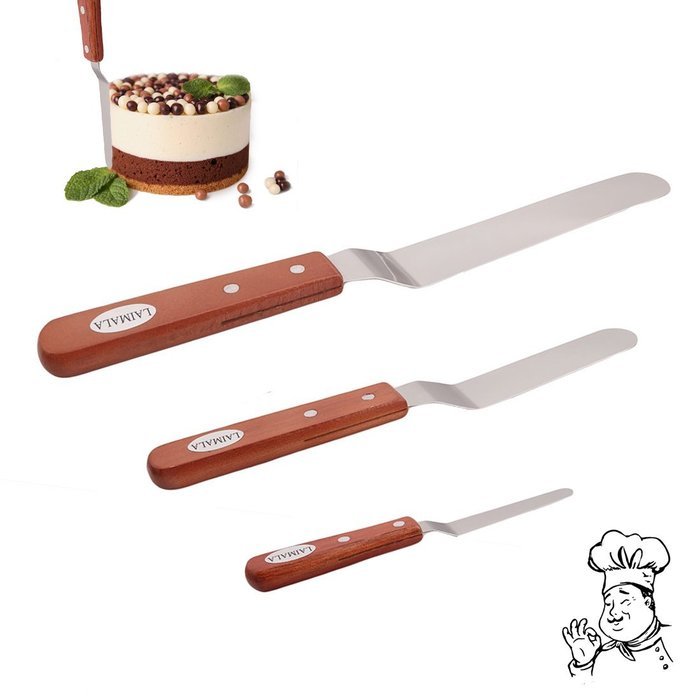 LAIMALA Stainless Steel Offset Spatula Set Icing Cake Decoration Tools, Wooden Handle, Set of 3, 4''-6''-8''