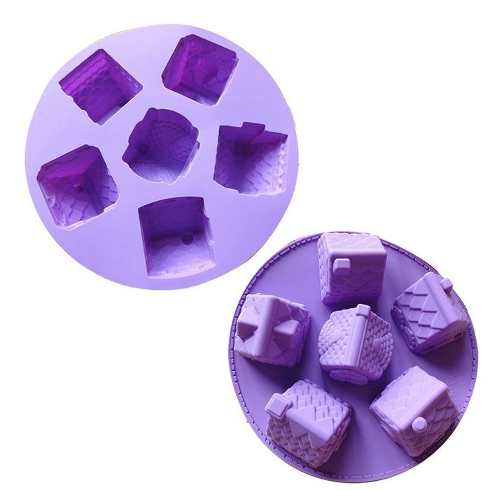 Silicone 6 Slot Cake Gingerbread House Shape DIY Cake Muffin Bread Baking Mold Mould Pan Tray Bakeware Tool (Pink) N3