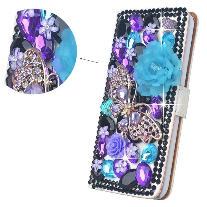 Spritech(TM) Bling Cellphone Case For LG G5,PU Leather Wallet Slim Fold Cover 3D Handmade Shining Rhinestone Blue... N9