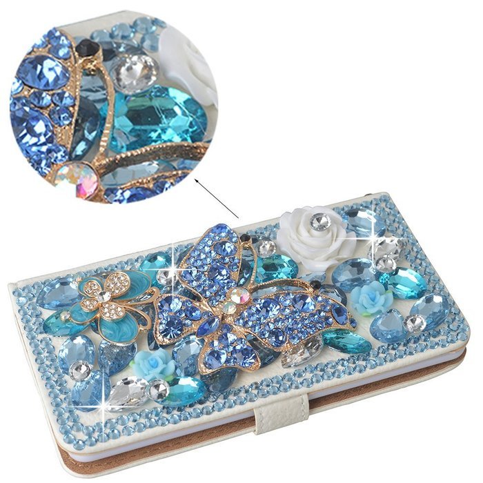 Spritech(TM) Bling Cellphone Case For LG G5,PU Leather Wallet Slim Fold Cover 3D Handmade Shining Rhinestone Blue... N11