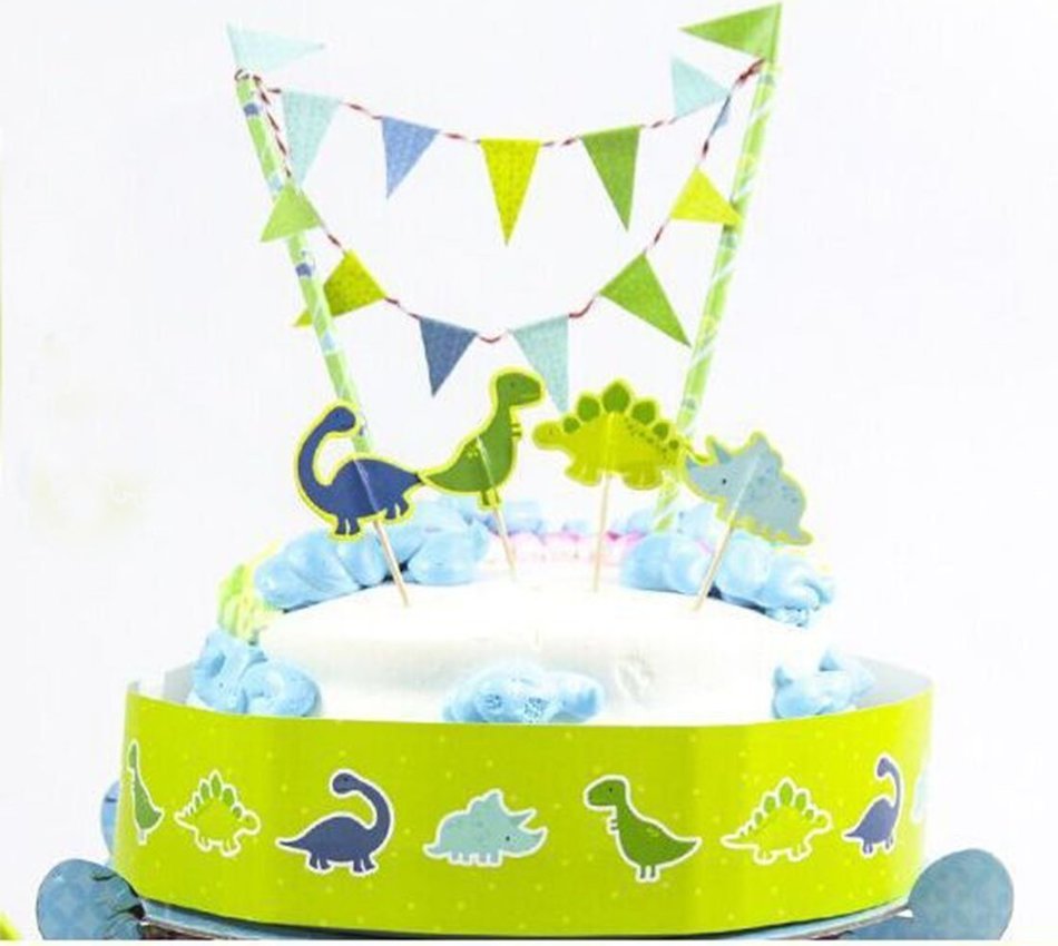 Cute Animals Zoo Dinosaur Cake Bunting Toppers Flag Banner Picks Wrap Decorating Kit for Children Kids Birthdays...