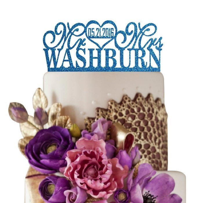 Sugar Yeti Made In USA Personalized Wedding Cake Topper Mr Heart Mrs With Date #26 Silver Mirror N2