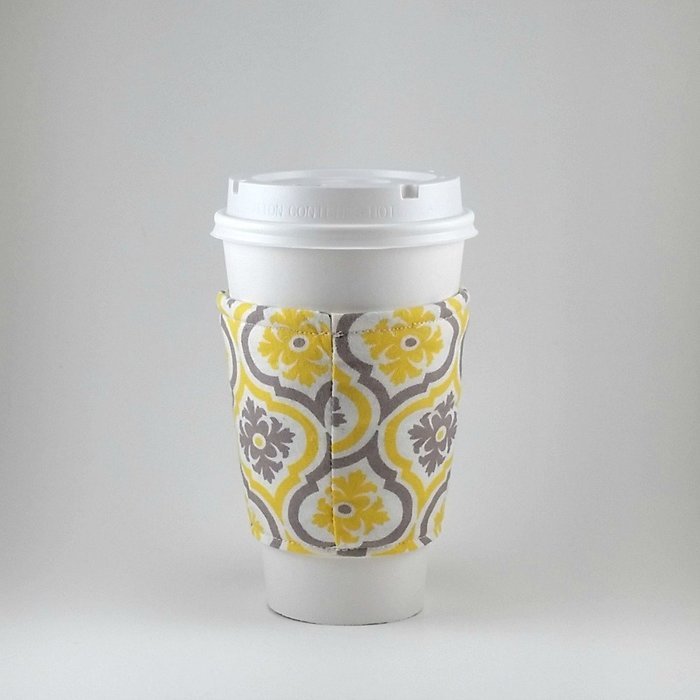 Cup Cozy, Coffee Cup Sleeve, Insulated Fabric Cozy, Handmade, Yellow Gray