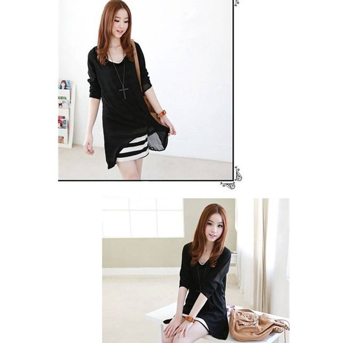 Evtech(tm) Women's Fake Two-piece Dress Long Sleeve Stripe Loose Drape Round-neck Dress Black - XL N2