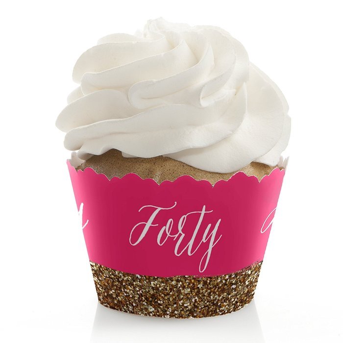 Chic 40th Birthday - Pink and Gold - Party Cupcake Wrappers - Set of 12