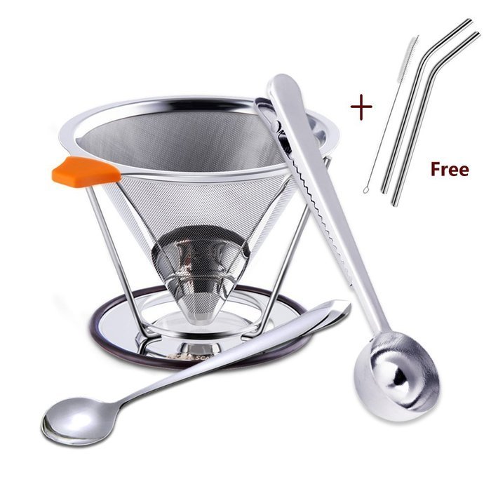 Pour Over Coffee Dripper | Cone Coffee Filter Stainless Steel, with Mixing Spoon and Coffee Scoop by ERZA SCARLET...