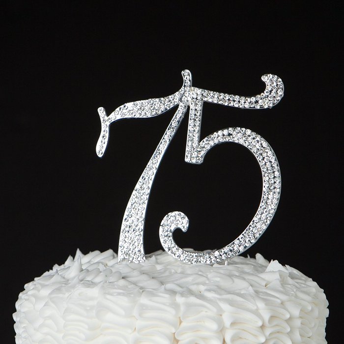 75 Cake Topper for 75th Birthday or Anniversary Crystal Rhinestone Number Decoration (Silver)