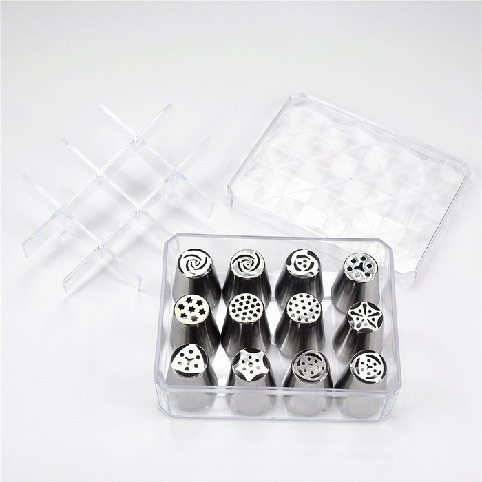 TANGCHU Russian Piping Tips 12PCS/SET Stainless Steel Middle Size Icing Syringe Set DIY Coupler Nozzle with Storage...