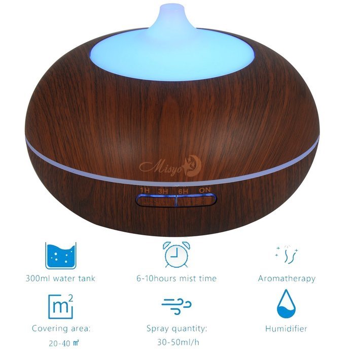 Misyo 300ml Wood Grain Ultrasonic Oil Diffuser Aroma Humidifier with 7 color and Auto Shut-off Protection for... N7
