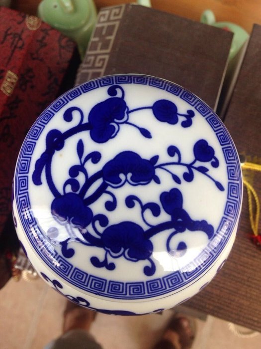 Decorative Blue and White Chinese Herb Floral Pattern Porcelain Tea Storage Container or Display Unit (Large)