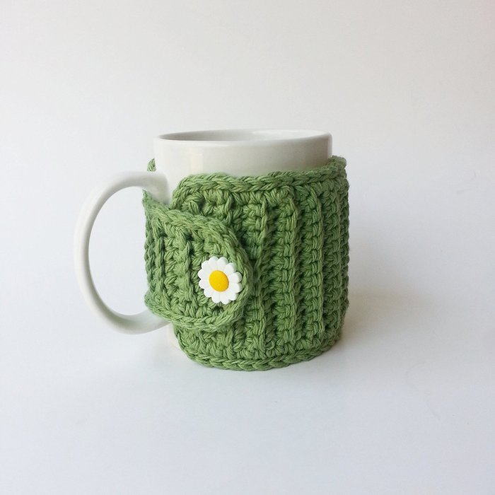 Coffee Mug Cozy Sage with Flower Button