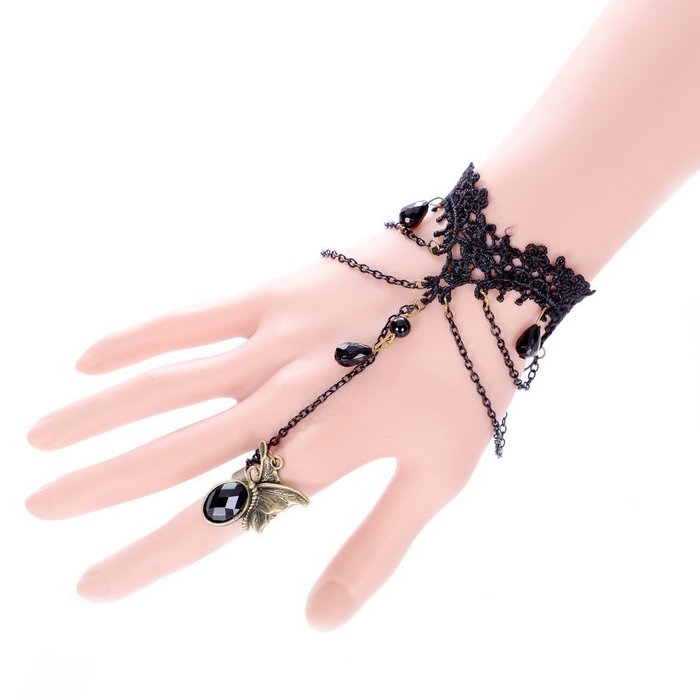 QTMY Black Gothic style Lace Ring Chain Bracelet Party Jewelry Set for Women