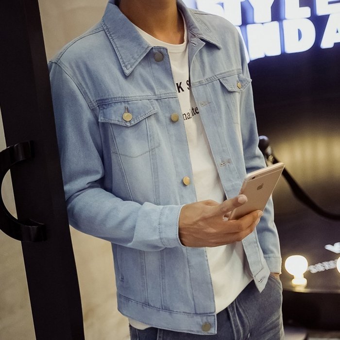 KAKA(TM) Men Spring Autumn Casual Long Sleeve Turndown Collar Thin Denim Jacket Light Blue XXXL