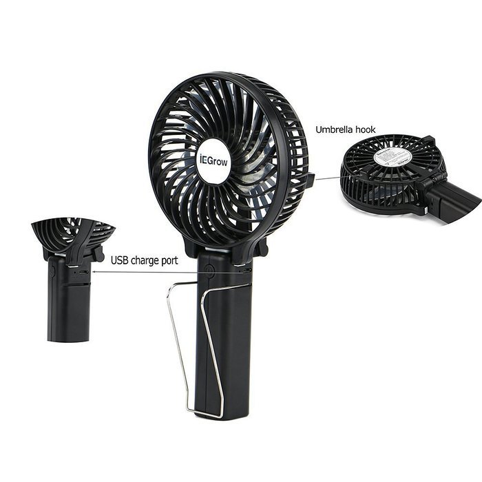 iEGrow Portable USB Mini Battery Fans with Umbrella Hanging and Metal Clip(Black) N31
