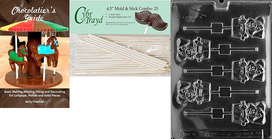 Cybrtrayd 'Pig in Tub Lolly' Animal Chocolate Candy Mold with 25 4.5-Inch Lollipop Sticks and Chocolatier's Guide