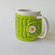Tea Cup Cozy - Coffee Mug Cozy - Green - Flower Button N2