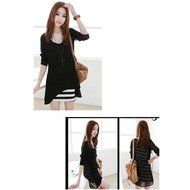 Evtech(tm) Women's Fake Two-piece Dress Long Sleeve Stripe Loose Drape Round-neck Dress Black - XL N3