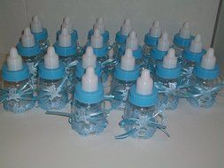 Baby BLUE Bottle Fillable Baby Bottles Decorated Centerpiece Gift Keepsake with 20 small fillable bottles