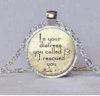 Long silver Christian Scripture Necklace - Psalm 81:7 pendant Christian Jewelry Jewellery Bible Quote Verse Aqua...