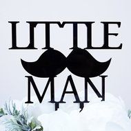 &quot;Little Man&quot; with Mustache Silhouette Boy Baby Shower Cake Topper Pick - Black Gloss Finish