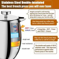 34oz French Press Coffee Maker Stainless Steel Double Wall Brushed Cafetiere Cup Made in USA! Highest Quality!...