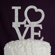 LOVE Heart Wedding Cake Topper, Silver Letters Rhinestone Top Monogram Decoration
