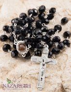 Catholic Black 10mm Crystal Beads Rosary Holy Soil Medal &amp; Silver Crucifix N3