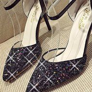 Spritech(TM) Women Girl Summer Closed Bling Point Toe PU Leather Ankle Strap High Heel Shoes 38 Black N10