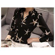 KAKA(TM) Girl Women Spring Autumn Chiffon Long Sleeve Blouses OL Style Shirt Starfish Pattern Black XL N5
