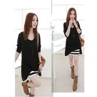 Evtech(tm) Women's Fake Two-piece Dress Long Sleeve Stripe Loose Drape Round-neck Dress Black - XL N4