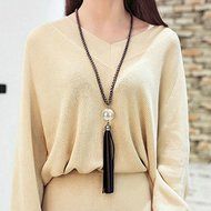Women's Pearl Leather Tassels Pendant Long Chain Bid Sweater Necklace Jewelry N4