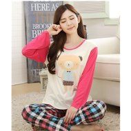 KAKA(TM) Women's Fashion Cartoon Pink Pure Cotton Pyjamas Homewear Sleepwear Set Long Sleeve Long Pants -L N5