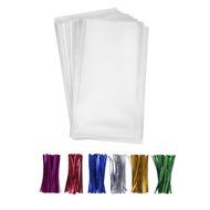 200 Clear Treat Bags 6x9 with 4" Twist Ties 6 Mix Colors - Thick OPP Plastic Bags for Wedding Cookie Birthday...