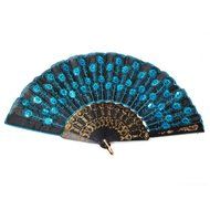 MECO(TM) Peacock Pattern Sequin Fabric Hand Fan Decorative Fashionable (Red) N6