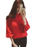 Spritech(TM) Fashion Women Basic Loose Knit Pullover Puff Sleeve Sweatshirt Sweater White N9