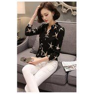 KAKA(TM) Girl Women Spring Autumn Chiffon Long Sleeve Blouses OL Style Shirt Starfish Pattern Black XL N6
