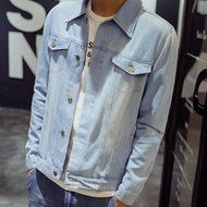 KAKA(TM) Men Spring Autumn Casual Long Sleeve Turndown Collar Thin Denim Jacket Light Blue XXXL N7