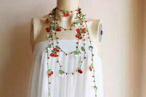Cherry Necklace-Cherry Crochet Necklace-Turkish Oya necklace-Red and White Necklace-Lariat Necklace -Spring Scarf