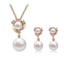MENGDA Jewelry Set Gold Plated Pearl Pendant Necklace Dangle Earring Stud Set. (Pearl -3) N17