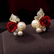 Red Rose Floral & Imitation Pearl Stud Earrings 18KT Gold Plated Crystal Jewelry N2