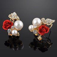 Red Rose Floral & Imitation Pearl Stud Earrings 18KT Gold Plated Crystal Jewelry N3