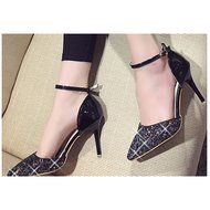 Spritech(TM) Women Girl Summer Closed Bling Point Toe PU Leather Ankle Strap High Heel Shoes 38 Black N17