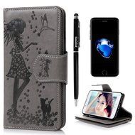 Badalink iPhone 7 Wallet Case (4.7") 9 Card Slots Plastic Mirror Flip Stand Case Embossed Flower Girl PU Leather... N59
